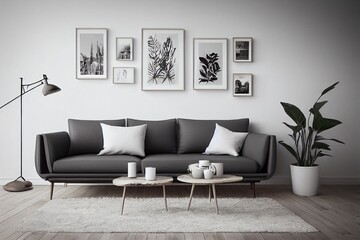 Scandinavian interior with stylish sofa, design furniture, bookcase, plants, decoration, mock up poster map and elegant personal accessories. Neutral living room in classic house. Template.