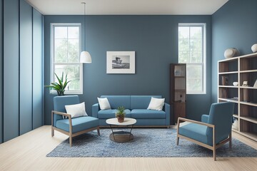 Fototapeta na wymiar Modern living room with blue armchair have cabinet and wood shelves on wood flooring and blue wall ,3d rendering