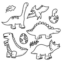 Set of cute dinosaur vector illustrations with a black and white design. Dinosaurs doodle illustration