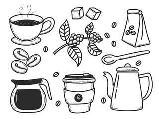 Obraz premium Set of coffee doodle illustration isolated on white background. Hand-drawn coffee vector illustration