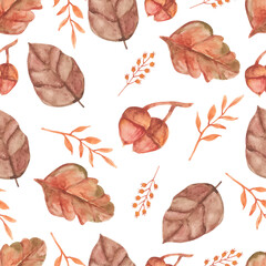 Hand painting of floral autumn with acorn illustration on pattern background © Monica