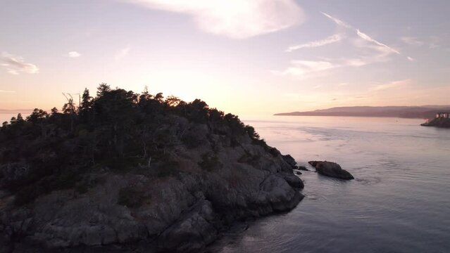 Aerial sunset, sunset drone footage of coastline of Vancouver Island, Sooke BC. 4K 24FPS