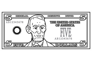 US five dollars bill. Vector line art illustration.