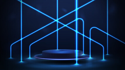 Empty blue podium floating in the air in dark scene with line asymmetric blue neon lamps around