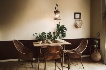 Interior design of boho vintage dinning room interior with beautiful flower in basket, elegant accessories and decoration. Brown grunge wall and rattan lamp. Template. Cozy and warm home decor.