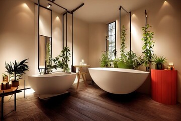 Stylish bathroom interior with modern tub and beautiful houseplants. Home design