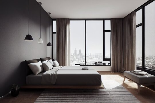 The interior of the bedroom in the style of minimalism. Cozy bedroom with soft bed. View from the window to the park. Stylish living room interior of modern apartment and trendy furniture, 3D render