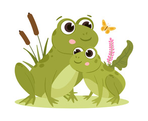 Cartoon frogs, green amphibian mom and baby. Cute froggy in natural habitat, water animals with pond reeds flat vector illustrations. Green frogs family