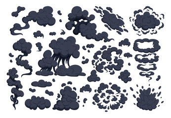 Comic book dust clouds, black cartoon smoke cloud. Puff stream clouds silhouettes, steaming dust vector symbols illustrations set. Smoke explosion clouds