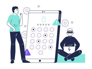 Cyber hacker attack, scam phishing concept. Linear internet cyber crime, security breach, personal data protection threat flat vector illustration. Internet secure protection