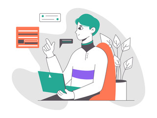 Fototapeta premium Distant creative worker, freelance designer or IT engineer. Remote working with computer, office person work from home flat vector illustration. Creative freelance worker