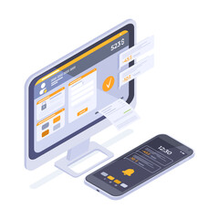 Isometric online banking transaction concept. Mobile payment, internet secure money transfer isolated 3d vector illustration. Online money transactions