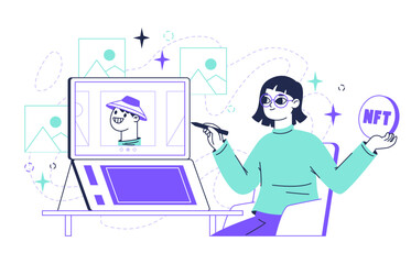 Non fungible token, digital nft arts market. People sale and buy crypto arts, artists creating non fungible token via blockchain flat vector Illustration. NFT crypto art scene