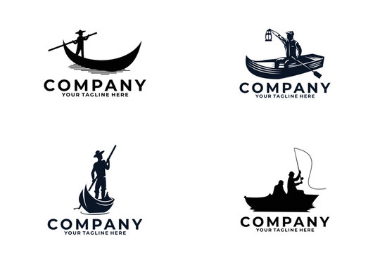 set of fisher man logo vector design silhouette