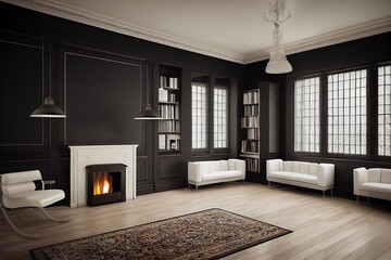 Classic black interior with fireplace, moldings, wall pannel, books. 3d render illustration mock up.