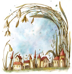 Hand drawn watercolor and ink pen illustration. Village under the snowdrops with houses, flowers, branches and grass.