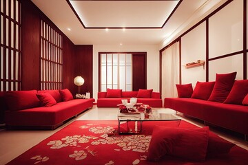 Interior of modern room with sofa and decor for Chinese New Year celebration