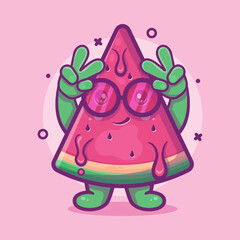 funny watermelon fruit character mascot with peace sign hand gesture isolated cartoon in flat style design 