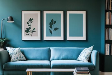 Fresh green plants, candles and books placed on a black metal rack in blue living room interior with simple posters and bright sofa