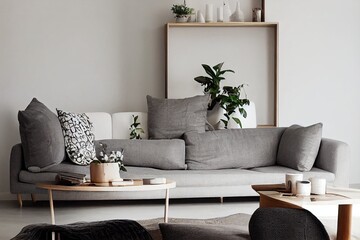 Stylish scandi compostion at living room interior with design gray sofa, wooden coffee table, shelf, cube, carpet, rattan pouf, plants, picture frame, table lamp and elegant accessories in home decor.