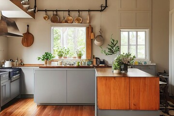 bright, spacious and modern farmhouse style kitchen - obrazy, fototapety, plakaty