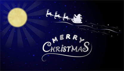 Fototapeta premium Silhouette of Santa Claus in sleigh with reindeers flying on night background of the sky with the shining moon and snowflakes. Winter landscape, Merry Christmas vector illustration