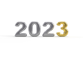 Metallic Silver 303 and gold 3 for 2023 happy new years eve 2022 3d render illustration isolated on white