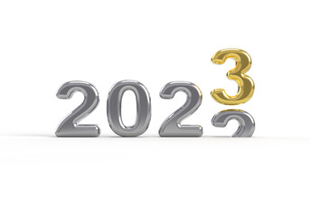 Scrolling 2022 to 2023 Silver and Gold 3d metallic numbers isolated on a white background, render illustration.