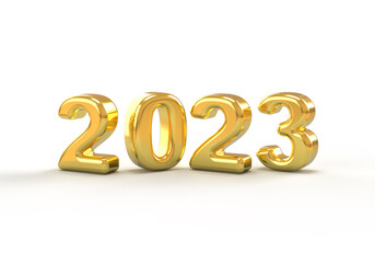 Gold metallic 2023 new year 3d rendering luxury illustration isolated on a white background.