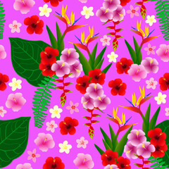 exotic flowers seamless pattern. tropical floral pattern. floral print. hibiscus, frangipani, plumeria, bird of paradise. good for fabric, textile, fashion, wallpaper, summer dress, background.