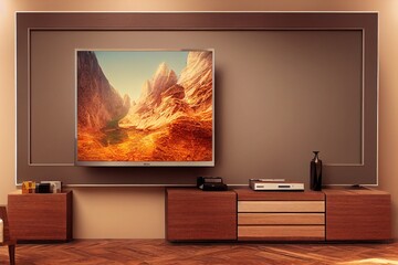 Cabinet TV in modern living room with decoration on wooden wall background,3d rendering