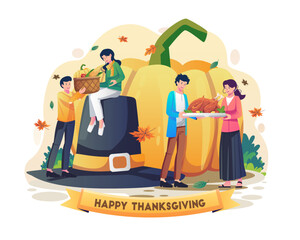 People Celebrate Thanksgiving Day by sharing food, pumpkin, and roasted turkey. Vector illustration