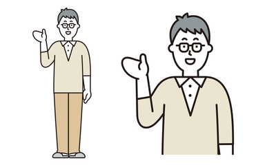 手の平をみせて何かを伝えるポーズをするお父さんのイラスト素材。