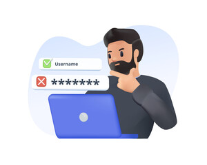 3D illustration wrong password isolated vector. Confused man forget password, businessman login laptop, access blocked denied. Personal data Cybersecurity industry, IT technology, lost security key