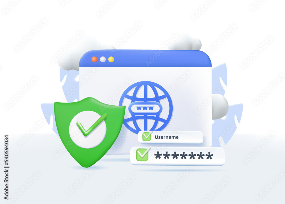Poster 3d security, cyber shield lock check mark. cloud hosting and service cyber protection. personal data