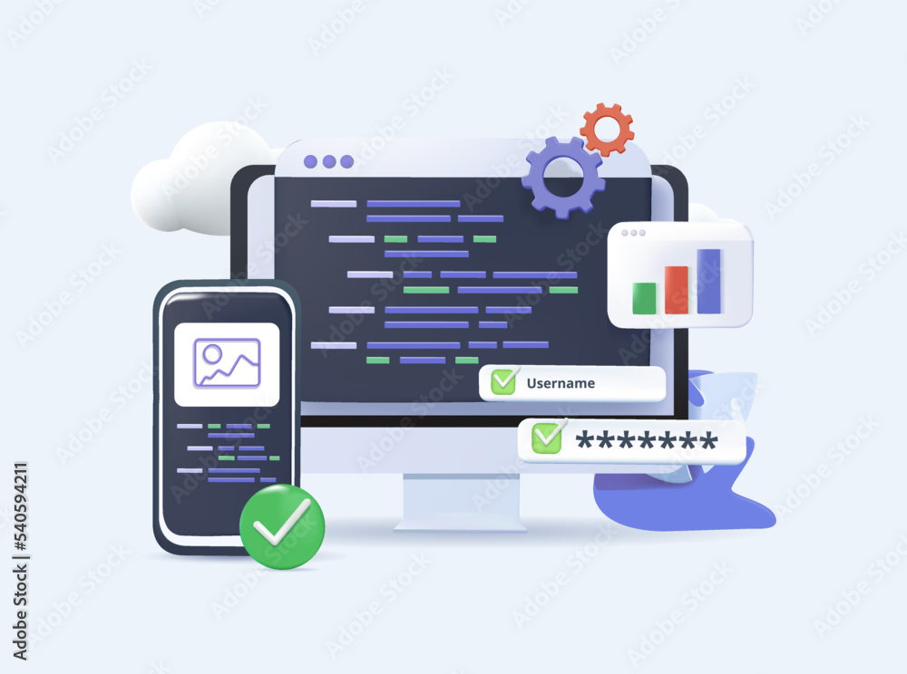 Poster 3d vector illustration, vector, illustration of web page design and development. mobile app websites