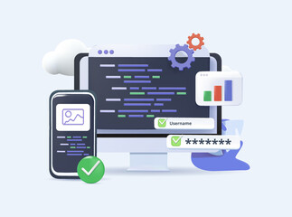 3D Vector illustration, vector, illustration of web page design and development. Mobile app websites, deploy working on creating a website, applications, transferring information. Web design, programm