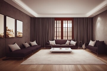 Modern nomadic style living room interior background, wall mockup, 3d render