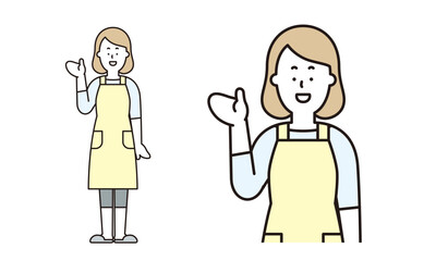 手の平をみせて何かを伝えるポーズをするお母さんのイラスト素材。