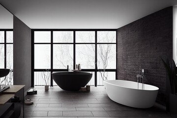 Naklejka na ściany i meble Minimalistic bathroom interior with brick walls, tiled floor, black bathtub with round mirror hanging above it and wooden shelves for towels to the left. 3d rendering