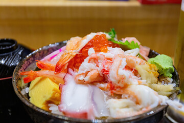 Close up shot of seafood rice bowl