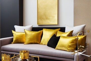 Stylish and luxury living room of apartment with gold bench, velur pillows, flowers, gold sculpture and elegant personal accessoreis. Modern home decor. Interior design. Template. Abstract background.