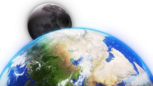 3D Render Show Up Moon Behind Close Up Earth Planet On Galaxy Space 3D Illustration Background