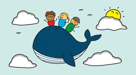 Illustration vector graphic Kids drawing style funny cute children riding a blue whale in a sky in a cartoon style.