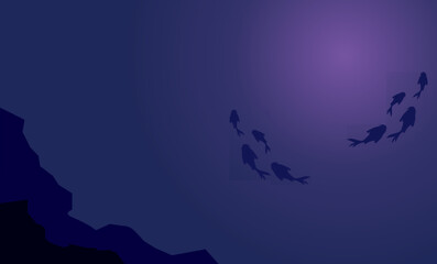 Deep ocean background with blue salt water and fish silhouette