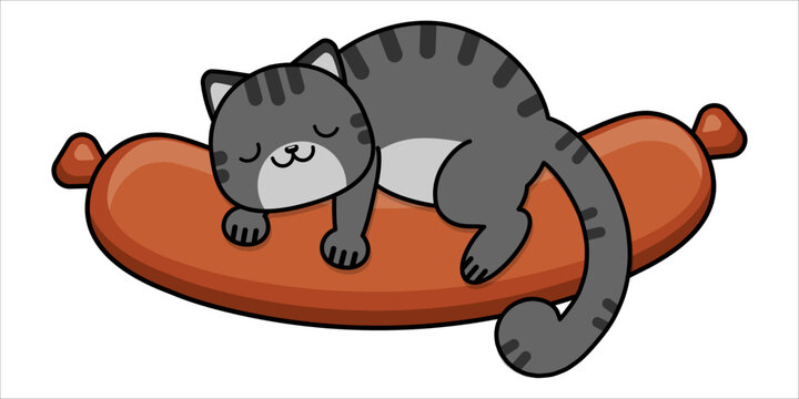 The cat is sleeping on the sausage. The cat is hugging a sausage. Baby stickers. Vector illustration