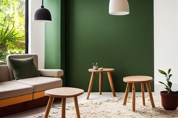 Wooden stool next to plant in green natural living room interior with lamp and rug. Real photo