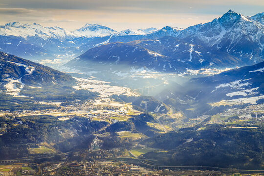 Snowcapped mountain range of brenner pass, Idyllic Tyrol in Innsbruck, Austria