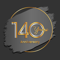 140th Anniversary. Anniversary logo design with gold and silver text isolated on abstract background for celebration event, invitation card, greeting card, flyer, banner, poster, vector illustration
