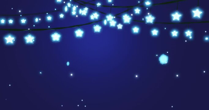 Christmas background consist of fairy lights as star shape with magic particle falling down on dark blue background